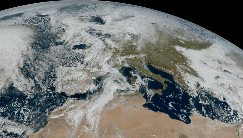 Cette animation zoome sur Europe. Elle a été réalisée à partir d’une journée de données, de 11 h 50 UTC le 18 mars à 11 h 50 UTC le 19 mars 2023. MTG-I1 produit des images du disque terrestre complet toutes les 10 minutes © EUMETSAT, ESA