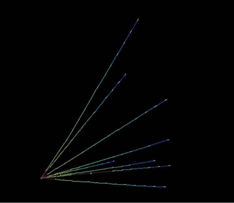 L'énergie du neutrino interagissant avec le détecteur OPERA crée en fait plusieurs particules dont la trajectoire est représentée en bleu (Crédit : INFN).