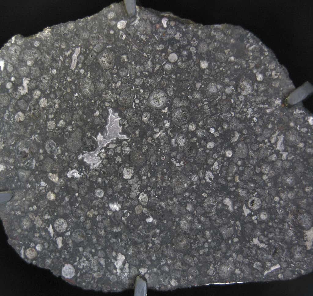 Une coupe de la météorite d'Allende. Chaque cercle blanc, gris ou beige représente la section d'un chondre. Ces chondres sont inclus dans une matrice (mélange de silicates et de fer), ici de couleur gris foncé. © <em>Wikipedia-Shiny Things</em>, Pierre Thomas