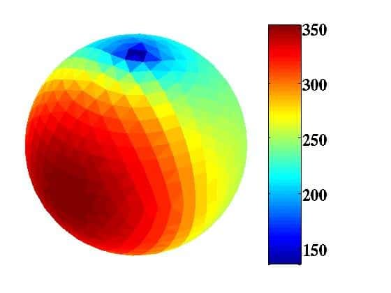 L'observation en infrarouge a permis de mesurer la température de surface d'Apophis, qui n'est pas homogène à cause du rayonnement solaire. Les valeurs sont indiquées en kelvins (degrés au-dessus du zéro absolu, soit -273,15 °C). Elles ne sont que des estimations correspondant, comme on le constate sur l'image, à un corps sphérique, alors que l'on pense, depuis les observations de 2005 et 2006, que l'astéroïde pourrait avoir une forme allongée. © Esa, Herschel, Mach-11, T. Müller, MPE (Allemagne)