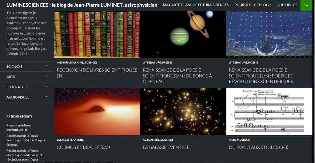 Des livres, le cosmos, la poésie, la musique... : ce sont les forces d'attraction qui font résonner, et raisonner, Jean-Pierre Luminet. Comme en témoigne son blog, ouvert par Futura-Sciences.