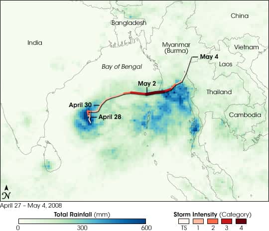 Figure 3. Le cheminement de Nargis suivi par le satellite TRMM, qui mesure les pluies tropicales. © Nasa/Jesse Allen/TRMM science team/Rebecca Lindsey