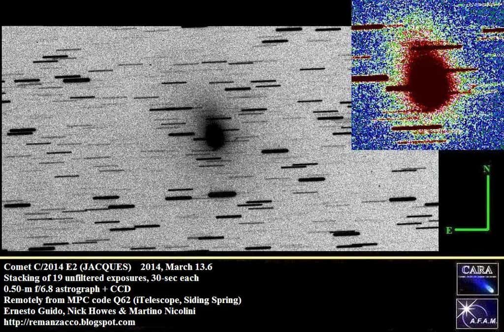La comète nouvellement découverte C/2014 E2 (Jacques) photographiée le 14 mars. Elle croisera prochainement l’orbite de Vénus. © Ernesto Guido, Nick Howes, Martino Nicolini