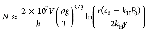 Nombre total <i>N</i> de bulles ascendantes susceptibles de se former dans un verre. <i>V</i> = volume de boisson dans le verre ; h = distance entre les sites de nucléation des bulles et l'interface liquide/air ; <i>k</i>H est la constante de Henry ; <i>T</i> est la température en Kelvins, <i>c</i> est la concentration en CO<sub>2</sub> dans le liquide. © ACS Omega 2021, 6, 14, 9672-9679