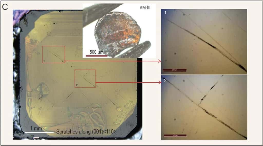L’image montre les rayures à la surface d’un diamant infligées par un morceau d’AM-III d'un millimètre de diamètre. © S. Zhang et al., <em>National Science Review</em>, 2021