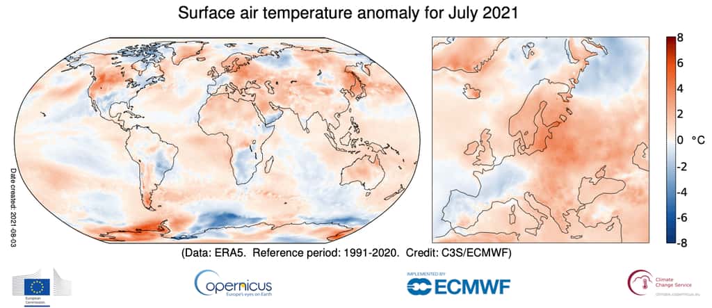 Anomalies de température pour juillet 2021 par rapport à la moyenne de juillet pour la période 1991-2020. © <em>Copernicus Climate Change Service</em>/ECMWF