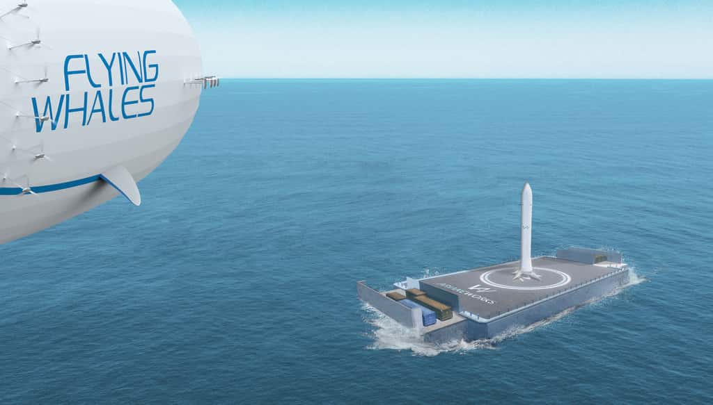 Le ballon pourra aller récupérer les lanceurs spatiaux réutilisables d'Ariane sur des plateformes en mer. © Flying Whales