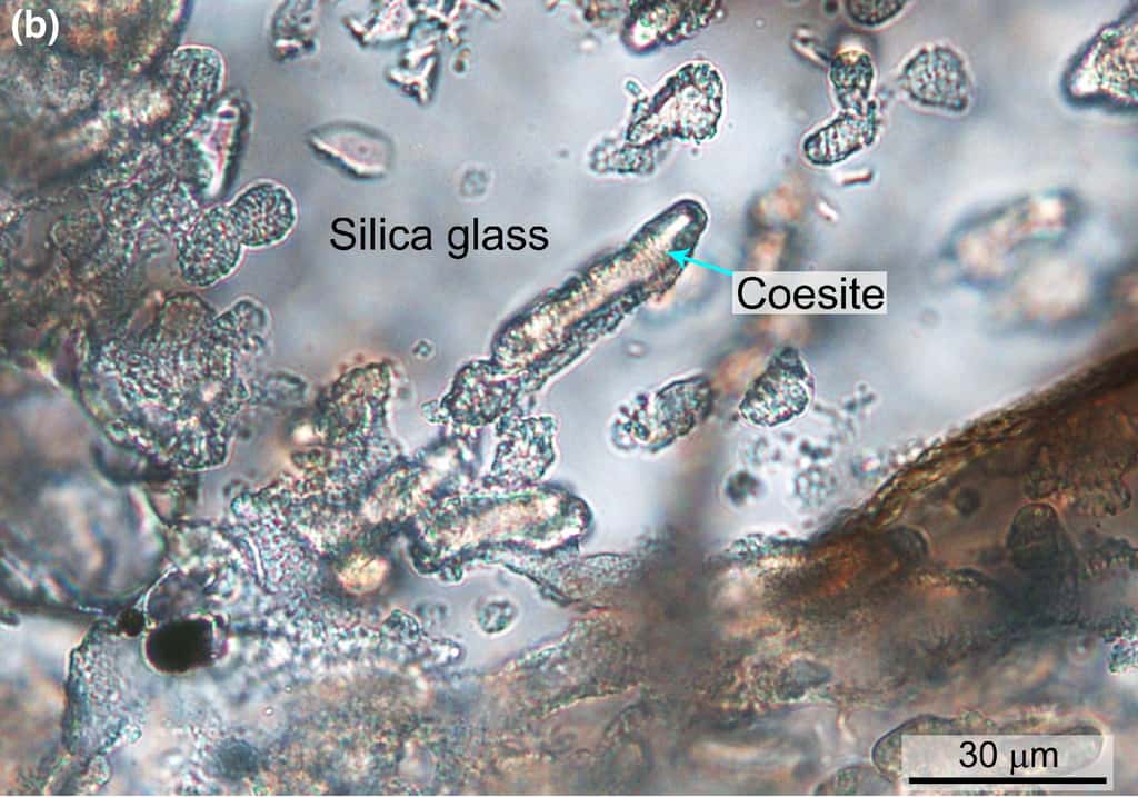 Agrégats de coésite encastrés dans du verre de silice à l’intérieur de fragments de granit fondu. © Ming Chen et <em>al., Meteoritics & Planetary Science</em>, 2021.