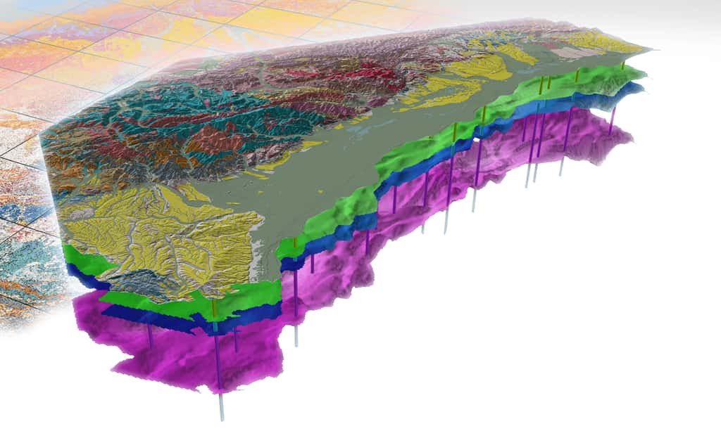 Une modélisation 3D du fossé Vosges-Fossé rhénan, qui a servi de modèle à la carte des Pyrénées. © BRGM