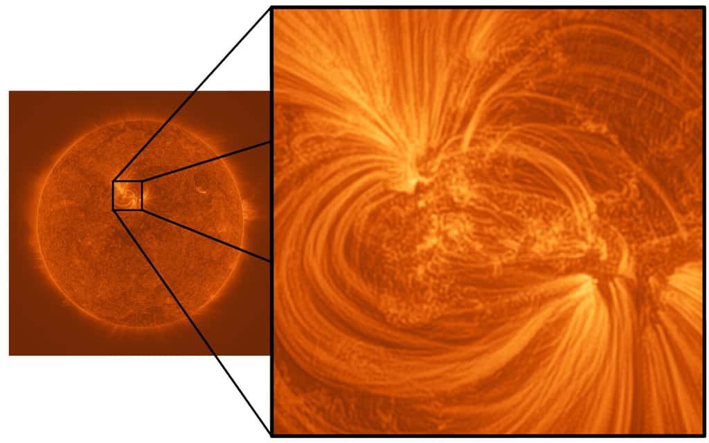 Une boucle coronale constituée de filaments de plasma captée par le <em>High Resolution Coronal Imager</em> (Hi-C). © Université de Central Lancashire