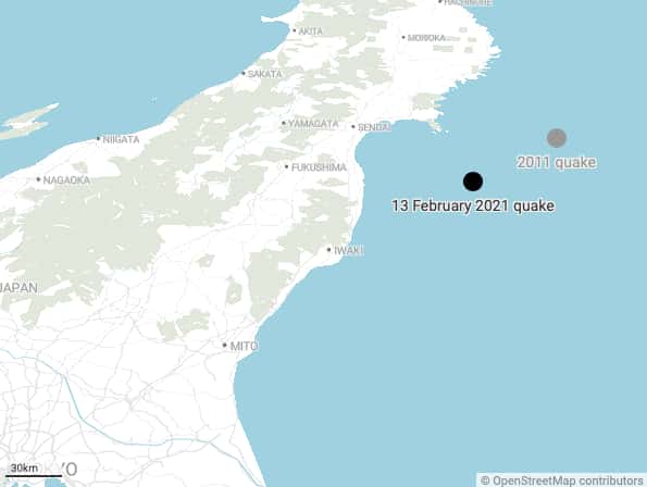 L’épicentre du séisme du 13 février 2021 se situe non loin de celui ayant causé le tsunami en 2011. © The Conversation, USGS