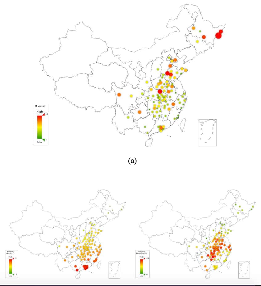 Le taux de reproduction du virus (contagiosité) comparé à la température (en bas à gauche) et à l’humidité (en bas à droite). <i>© </i>Jingyuan Wang et al<i>, </i>SSRN, 2020