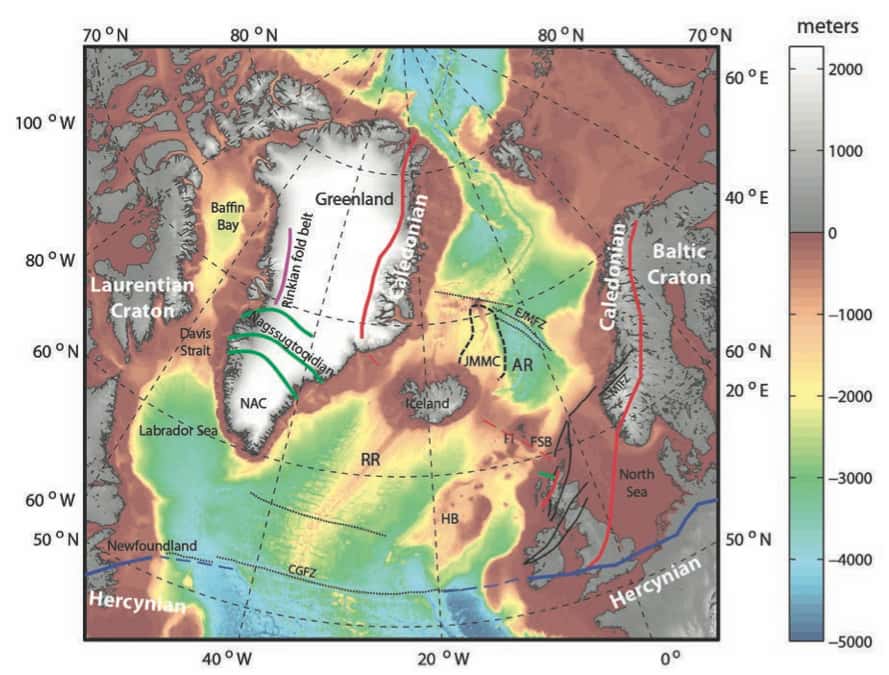L’Islande serait un morceau de Pangée de 45.000 km<sup>2</sup>, qui se serait étiré entre la Scandinavie et le Groenland. © <em>Geological Society of America</em>