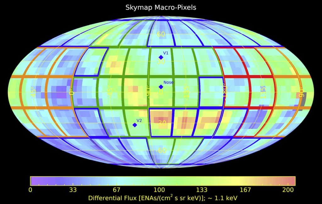 Le ciel a été divisé en 56 « macropixels » où la couleur représente  le degré de confiance dans les distances de l’héliosphère. © Daniel Reisenfeld et <em>al.</em>, <em>Astrophysical Journal</em>, 2021