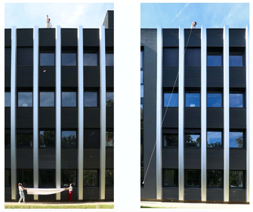 La méthode n°1 consiste à faire chuter le smartphone depuis le haut de l’immeuble (à gauche). La méthode n° 13 a recours à un pendule géant et au gyroscope du smartphone pour mesure la période d’oscillation. © F. Bouquet, A. Kolli, et J. Bobroff, arXiv, 2020