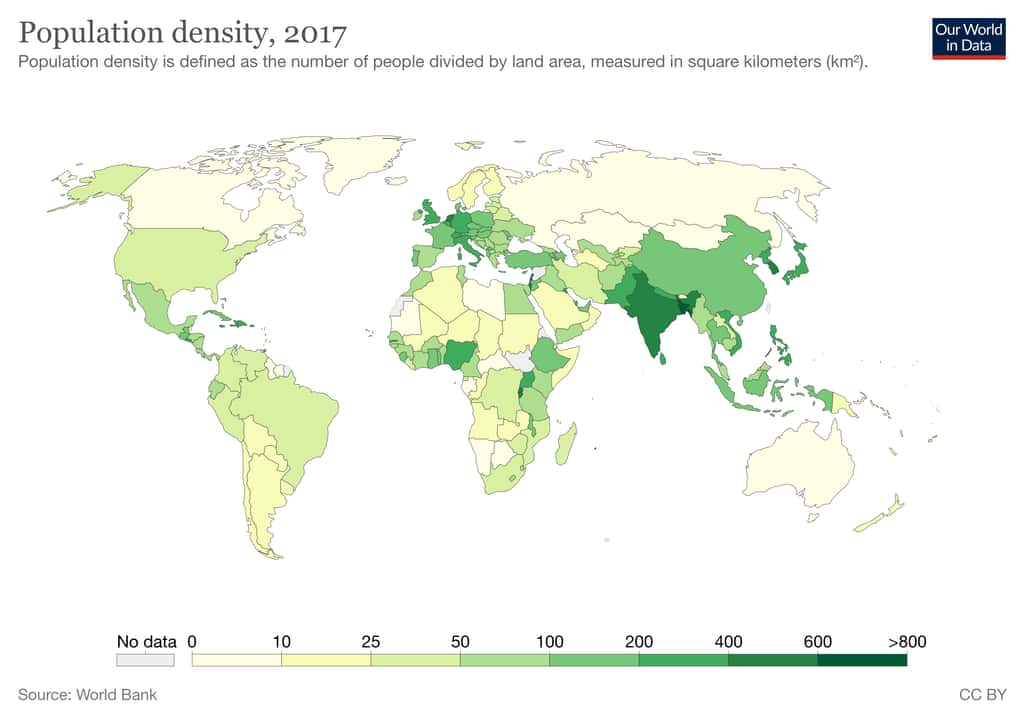 Densité de population par pays. © Our World in Data