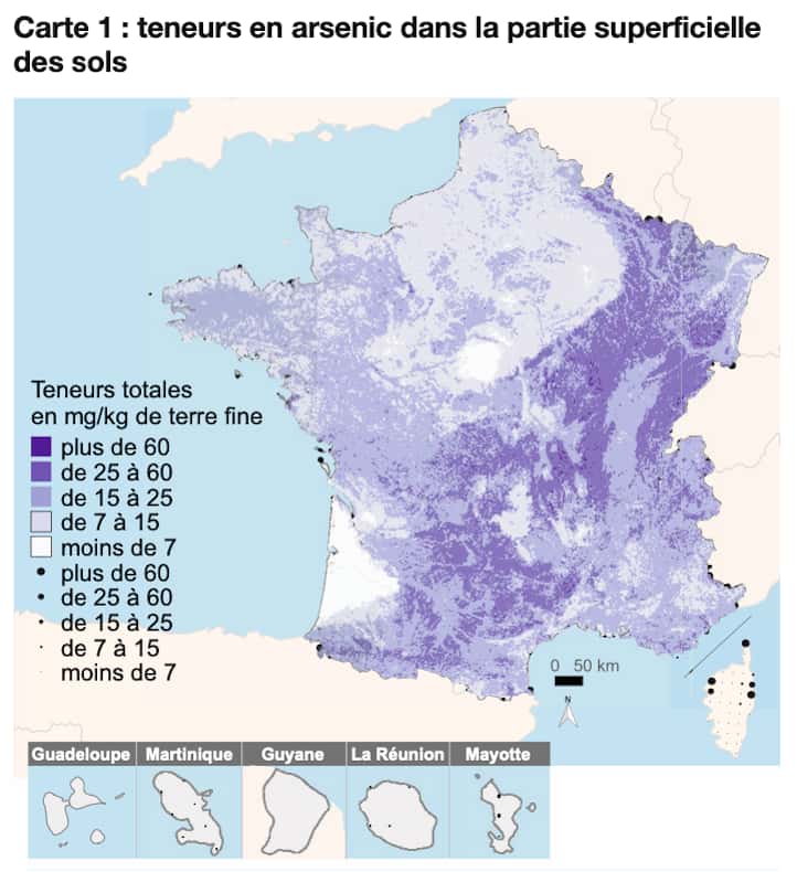 Carte de France des sols contaminés à l’arsenic. © CDGG
