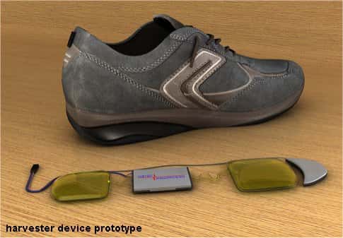 Image de synthèse du système, qu'il faudra intégrer à la semelle de la chaussure, pour produire 10 watts, ou aux deux pour avoir 20 watts. © InStep Nanopower