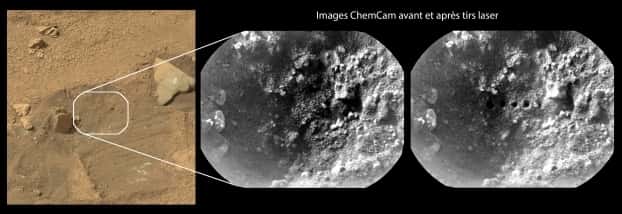 Prise par l'une des deux caméras MastCam, la photographie de gauche montre le site étudié. Le téléobjectif de l'instrument ChemCam a saisi, en noir et blanc, la zone de tir, avant et après. On distingue, à droite, les deux trous créés par le laser et l’on remarque un léger creusement de la cavité : la chaleur a vaporisé la roche, transformée en un plasma qu'a analysé le spectromètre de ChemCam. © JPL-Caltech, Nasa, LANL, Cnes, Irap, IAS, CNRS