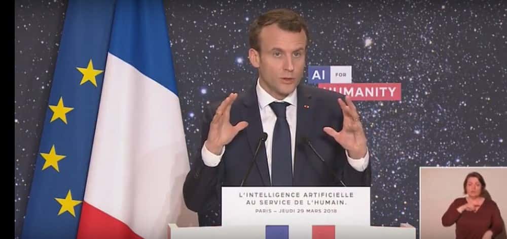 Le président de la République Emmanuel Macron lors de son allocution au Collège de France. ©AI for Humanity