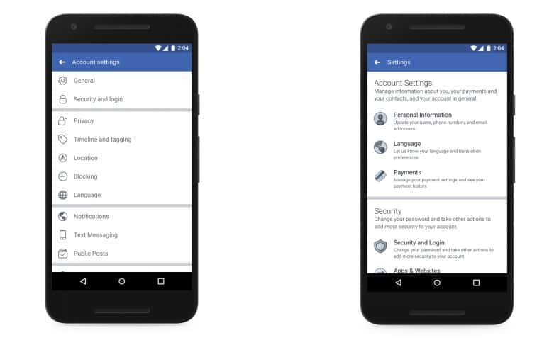 À gauche, l’écran des paramètres de l’application mobile Facebook tel qu’il existe aujourd'hui. À droite, sa nouvelle version « simplifiée ». © Facebook