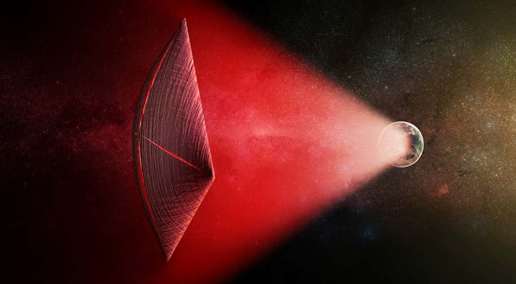 Les sursauts radio rapides viennent-ils de civilisations E.T. ? Avi Loeb a calculé que l’énergie d’une étoile comparable à celle du Soleil et qui serait recueillie par une surface deux fois plus grande que celle de la Terre (type fragment de sphère de Dyson) serait bien de l’ordre de grandeur nécessaire à propulser une voile photonique. Celle-ci laisserait alors fuir, sous forme d’ondes radio, la quantité d’énergie associée aux FRB. © M. Weiss, CfA