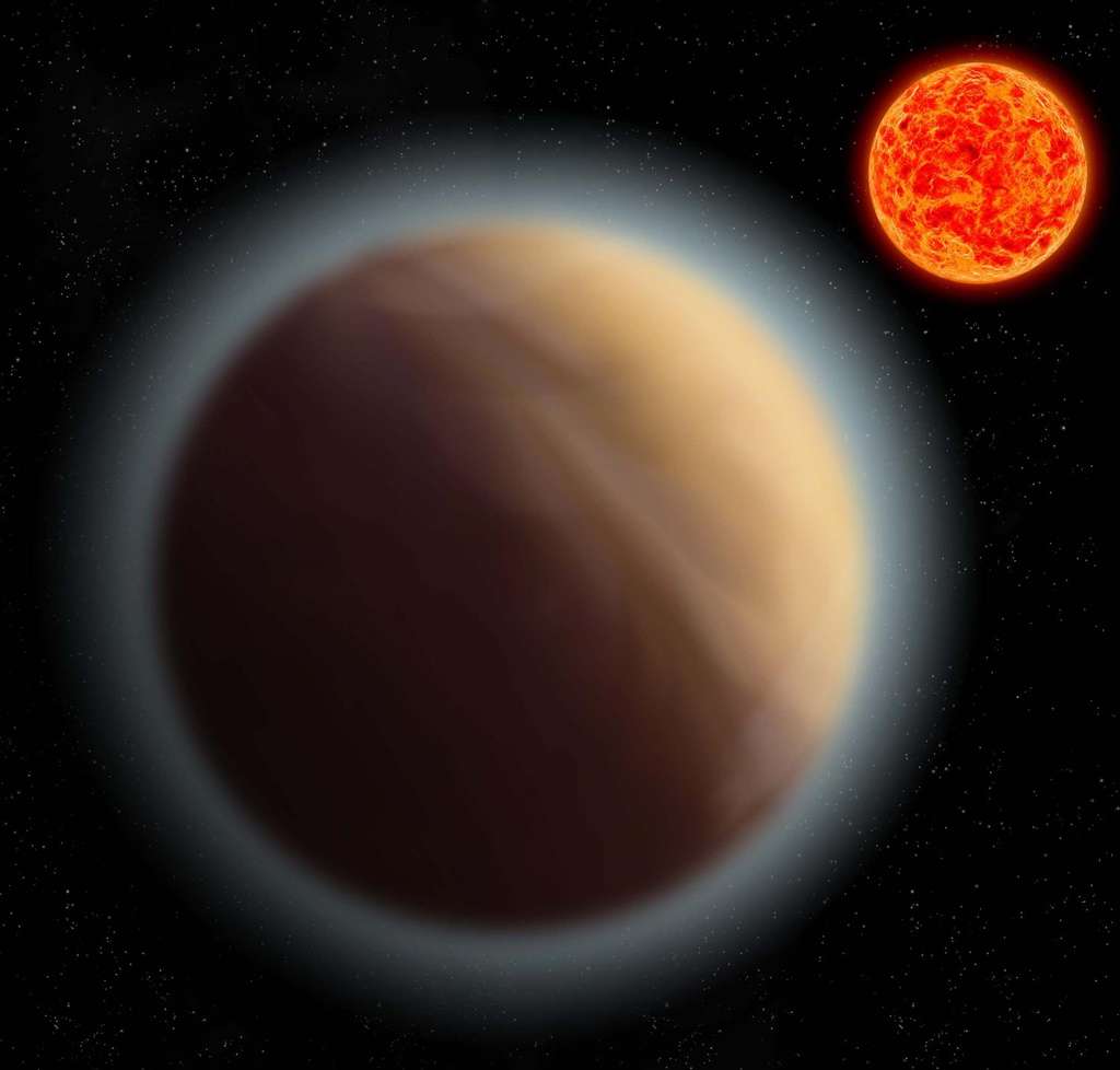 Illustration de GJ 1132 b et de son atmosphère. Cette exoplanète gravite en seulement 1,6 jour à 2,2 millions de kilomètres de son étoile, une naine rouge. En comparaison, Mercure se situe à 58 millions de kilomètres du Soleil. © MPIA