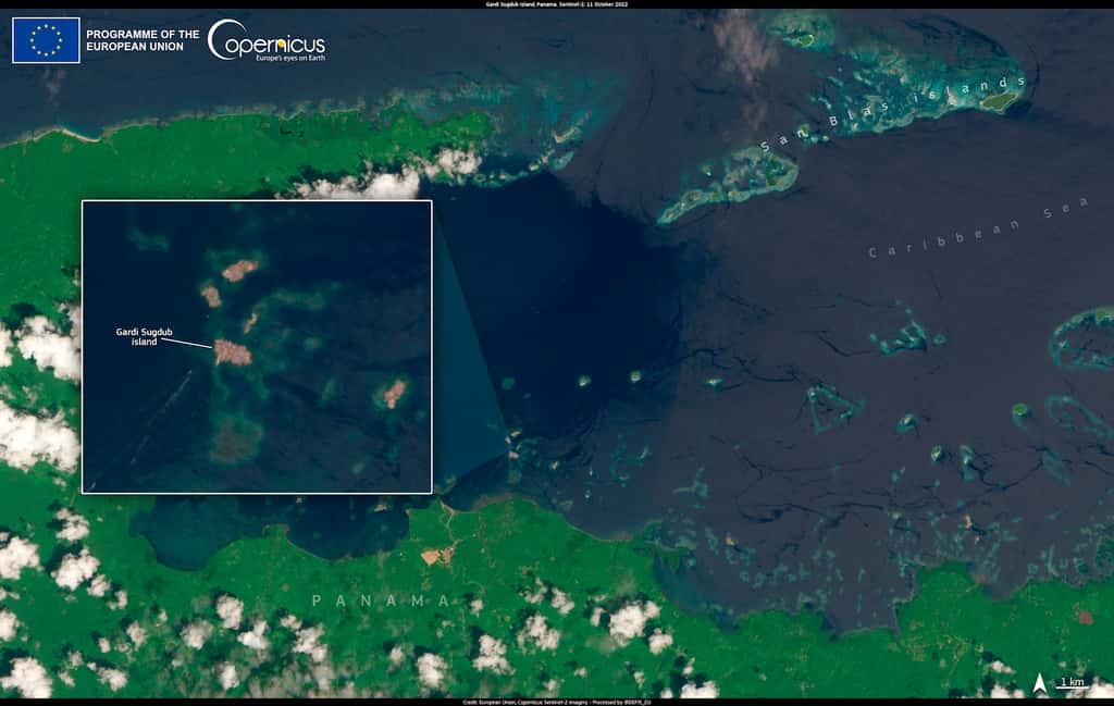 Sur cette image satellite prise le 10 novembre 2022, on découvre l’île de Gardi Sugdub qui s’apprête à être évacuée de ses habitants. © European Union, Copernicus Sentinel-2 imagery