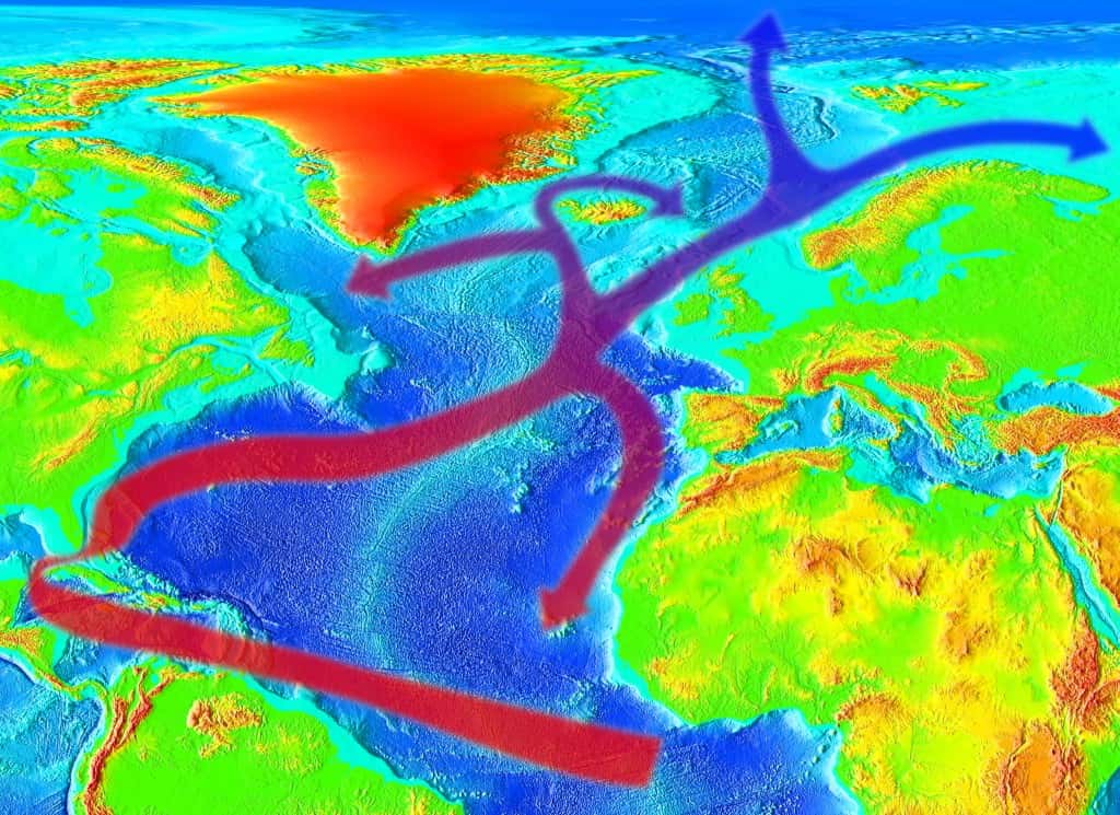 Le Gulf Stream est un courant océanique transportant de l’eau chaude depuis une zone comprise entre la Floride et les Bahamas et en direction des plus hautes latitudes. Il se déplace vers l’ouest et la chaleur qu’il transporte influence le climat européen. © RedAndr, Wikipedia CC BY-SA 3.0
