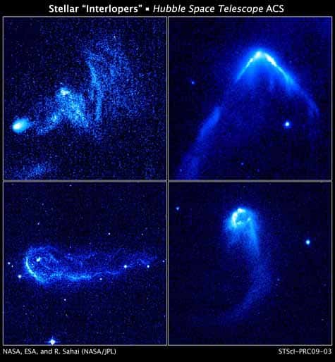 Quatre des 14 étoiles fuyantes photographiées par Hubble. Crédit Nasa/Hubble/JPL
