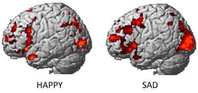 Exemples d'images du cerveau par IRMf trahissant des sentiments heureux (à gauche) ou triste (à droite). © Université Carnegie-Mellon, DP