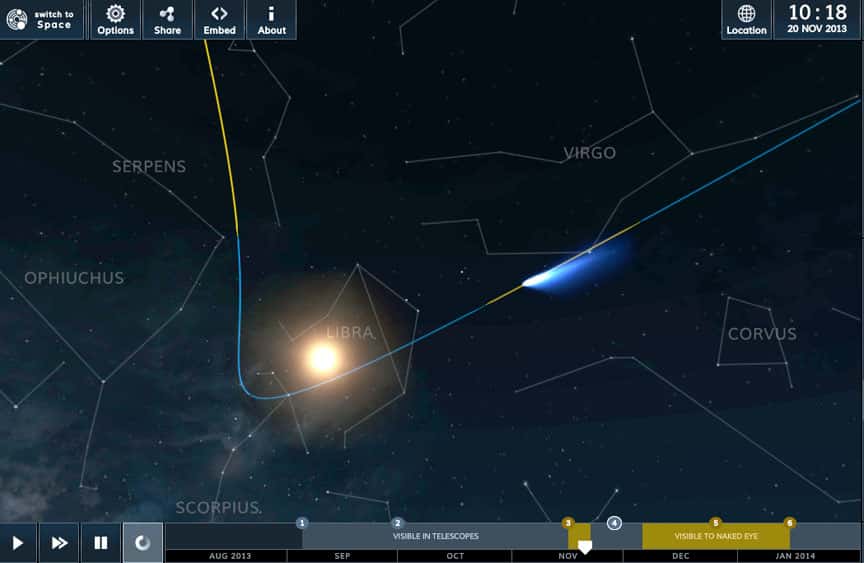 Suivez la position de la comète Ison en temps réel et pour les prochains jours sur cette simulation proposée par le site <a href="http://www.solarsystemscope.com/ison/" title="Ison sur SolarSystemScope" target="_blank">SolarSystemScope</a>. © SolarSystemScope