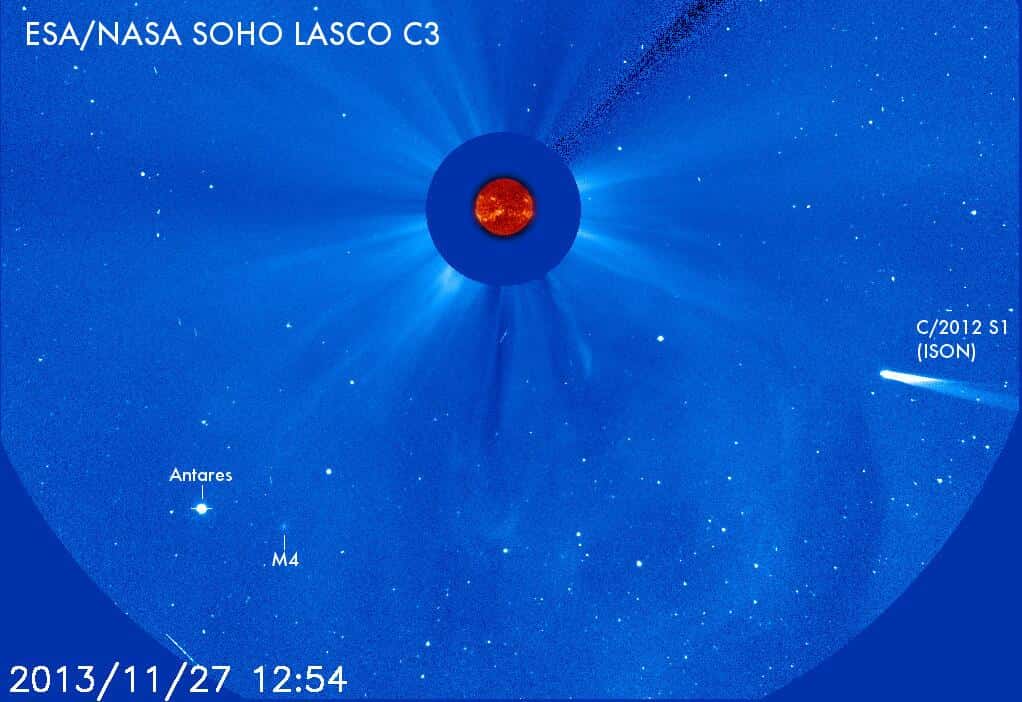 La comète Ison est entrée dans le champ du coronographe Lasco C3 de Soho. Il lui reste moins de 16 millions de km à parcourir avant de frôler le Soleil le 28 novembre. © Esa, Nasa, Soho