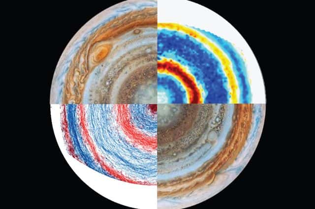 Diagonalement de gauche à droite et de bas en haut, des images du pôle sud de Jupiter vues par la sonde Cassini. En complément, des images avec des particules colorées traçant les courants et les bandes dans l'expérience réalisée en laboratoire. Les correspondances sont frappantes. © UCLA