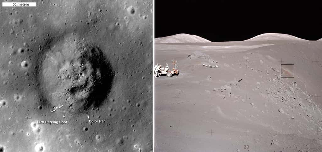 Sur la gauche, le cratère Shorty, vu par LRO, a été visité par les astronautes d'Apollo 17. La photo de droite a été prise du point marqué <em>Color Pan</em> sur l'image de gauche, dans laquelle le rover lunaire (LRV) est représenté par une flèche blanche unique. Les doubles flèches blanches de cette image et, sur celle de droite, le mot <em>trench</em> désignent l'endroit où le fameux <a external="1" title="Manteaux lunaire et terrestre pourraient être aussi riches en eau !" target="_blank" href="//www.futura-sciences.com/fr/news/t/astronomie/d/manteaux-lunaire-et-terrestre-pourraient-etre-aussi-riches-en-eau_30726/">sol orange</a> a été découvert. Ce cratère d'impact a environ 19 millions d'années. © Nasa