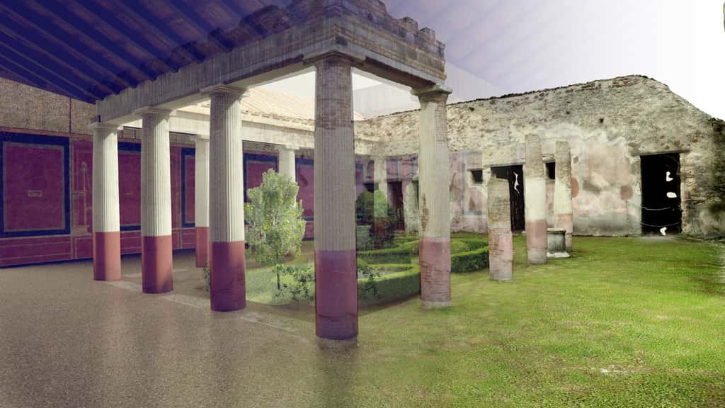 La villa de Diomède, à Pompéi, telle qu'elle est aujourd'hui (à droite) et telle qu'elle était à l'origine (à gauche). L'outil de photogrammétrie mis en œuvre par Iconem permet d'intégrer dans un même modèle des informations d'origines diverses (mesures, images et même dessins anciens). © Iconem
