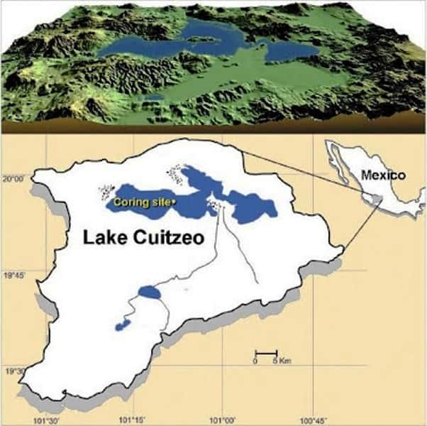 Localisation du lac Cuitzeo au Mexique, où ont été trouvés les nanodiamants. © Israde-Alcántara et al. (2012)
