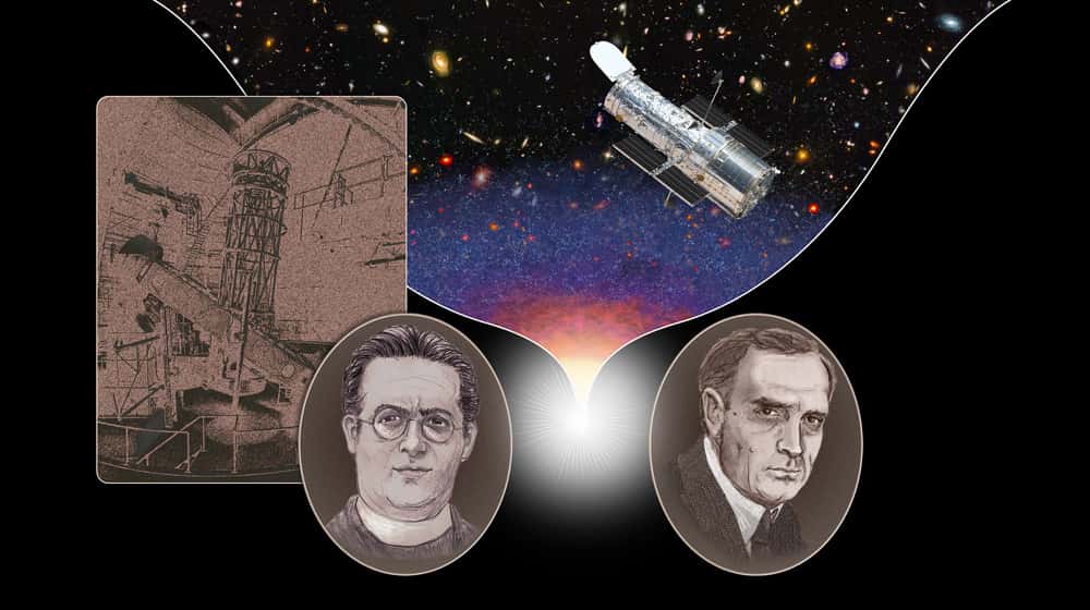 Georges Lemaître (1894-1966), à gauche, et Edwin Hubble (1889-1953), à droite, sont les premiers à avoir observé l’éloignement des galaxies. Le télescope sur la gauche est le télescope Hooker du mont Wilson en Californie. Le télescope spatial Hubble est sur la droite. © A. Feild, Nasa, Esa