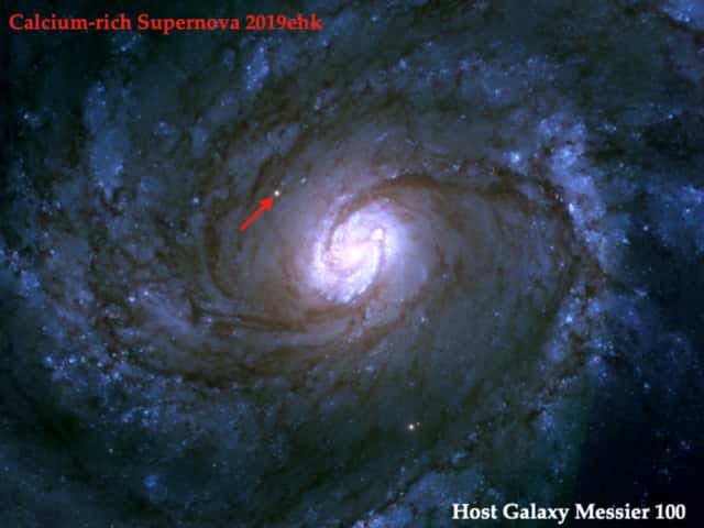Après l’explosion, la supernova SN 2019ehk apparaît distinctement sur les images du télescope spatial Hubble. © Charlis Kilpatrick, Université de Californie, à Santa Cruz