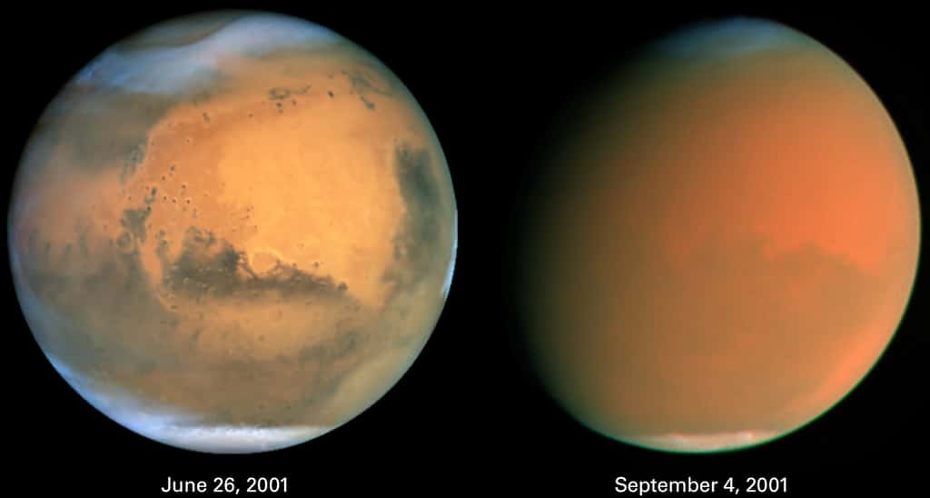 Le télescope spatial Hubble offre ici deux vues de la Planète rouge. On y découvre Mars, avant (image de gauche) et pendant (image de droite) la grande tempête de poussières de l’été 2001. © Nasa, Wikipédia, DP