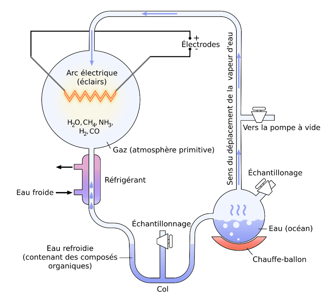 Expérience de Miller-Urey (1953) visant à démontrer les processus physico-chimiques à l'origine des briques de base du vivant à partir de l’atmosphère et de la surface des océans. © GYassineMrabet, <em>Wikimedia Commons</em>, CC by-sa 3.0