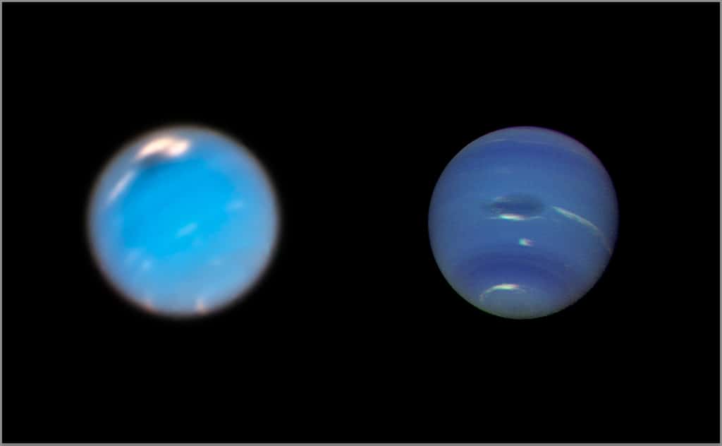 Ici, des images des tempêtes sur Neptune depuis le télescope spatial Hubble (à gauche) et la sonde spatiale Voyager 2 (à droite). L’image de Neptune prise par la caméra Hubble Wide Field 3, prise en septembre et en novembre 2018, montre une nouvelle tempête sombre (en haut au centre). Sur l’image de Voyager, une tempête connue sous le nom de <em>Great Dark Spot</em> (GDS) apparaît au centre. Elle mesure environ 13.000 km sur 6.600 km. © Nasa, ESA, GSFC, JPL
