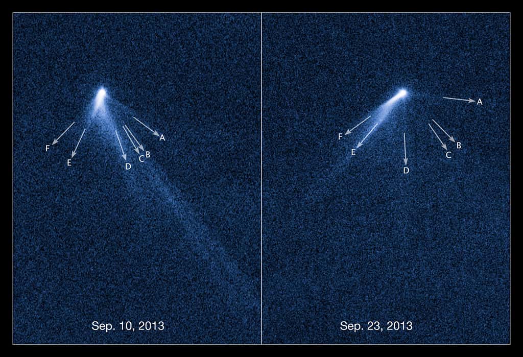 Intrigués par son aspect singulièrement flou, David Jewitt et son équipe ont découvert sur les images d'Hubble, l'existence de six queues sur l’astéroïde P/2013 P5. Lentement mais sûrement, la lumière solaire aurait augmenté la vitesse de rotation de l'astéroïde. Une petite quantité de poussières est étalée à l'extérieur par la pression des radiations solaires. © Nasa, Esa, David Jewitt, UCLA