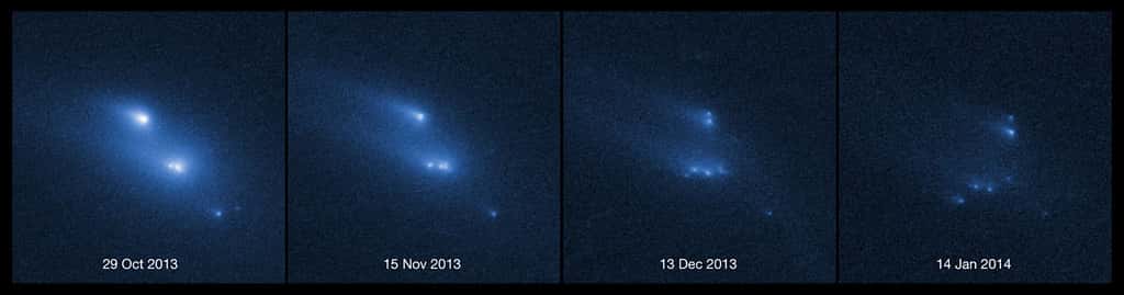 Au fil des semaines, l'astéroïde P/2013 R3 apparaît de plus en plus fragmenté. Les images capturées par la caméra grand champ WFC3 du télescope spatial Hubble montrent dix morceaux essaimant de longues traînées de poussières. Les quatre plus grands mesurent environ 180 m de diamètre. © Nasa, Esa, D. Jewitt (UCLA)
