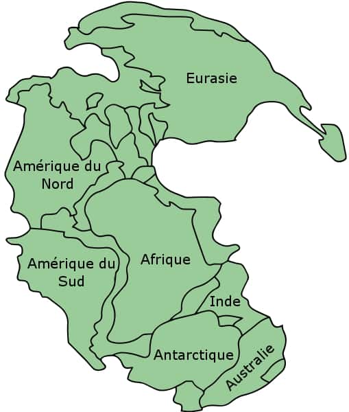 Présentation de la Pangée avec les noms des continents ou régions continentales actuels. © Kieff, <em>Wikimedia commons</em>, cc by sa 3.0