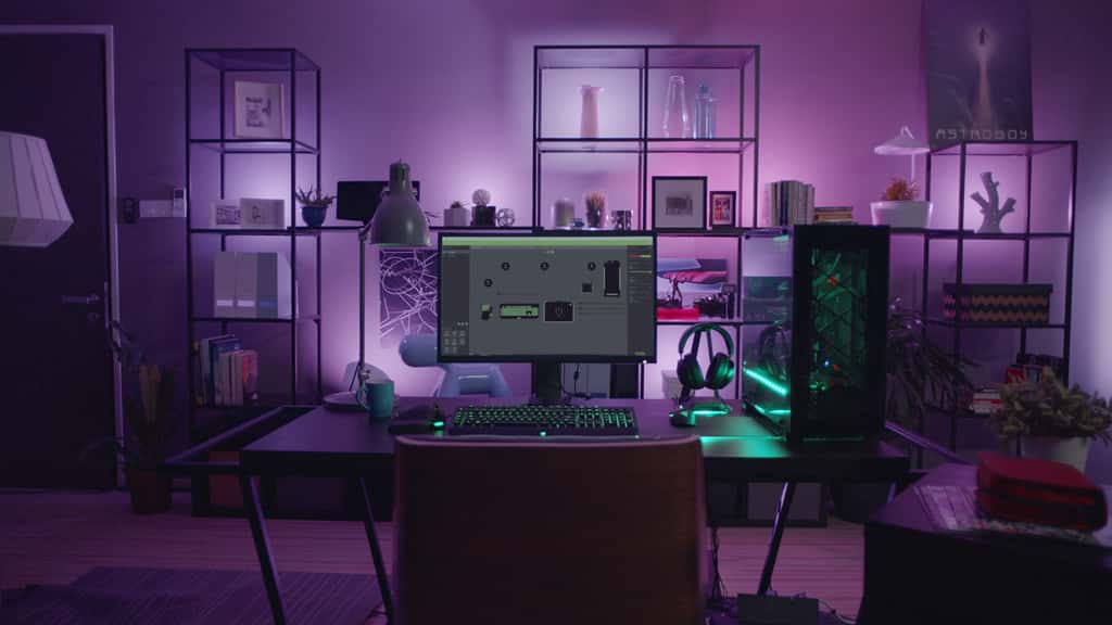 Le système de synchronisation de l’éclairage Philips Hue Entertainment ici en action avec des accessoires PC de la marque Razer. © Philips Hue/Razer