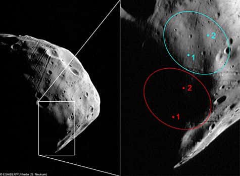 Cette image obtenue par Mars Express le 23 juillet 2008 (orbite 5851) montre les sites d’atterrissage anciennement pressentis (en rouge) pour Phobos-Grunt et actuellement prévus (en bleu), après les nouvelles données acquises par la sonde européenne. Crédit Esa/DLR/FU Berlin (G. Neukum)