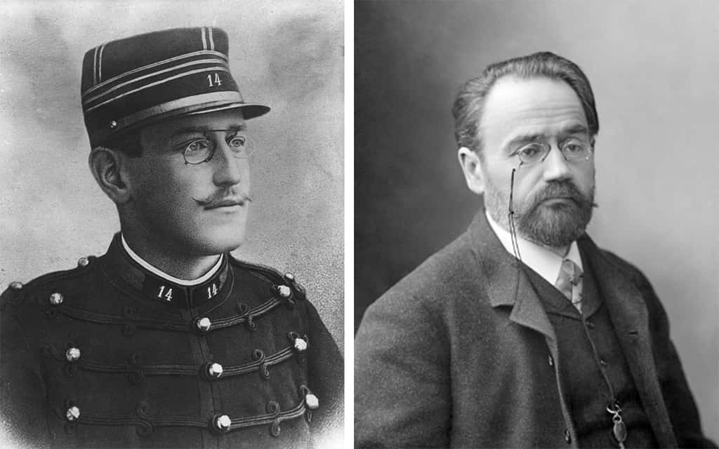 À gauche, Alfred Dreyfus, avant 1894. © Henri Roger-Viollet. Source Encyclopædia Britannica, DP. À droite, Zola, 1899. © Auteur inconnu, <em>Wikimedia Commons</em>, DP