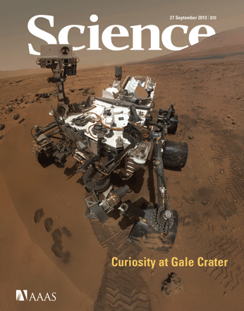 Le numéro du 27 septembre 2013 de la revue <em>Science</em> : le rover Curiosity en vedette, à l'occasion d'une série de publications scientifiques présentant les résultats d'études menées grâce à lui. © Science