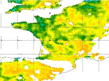L’humidité des sols en avril 2011 est au plus bas dans une grande partie de l’Hexagone (zones jaunes et orange). © Esa/Cesbio